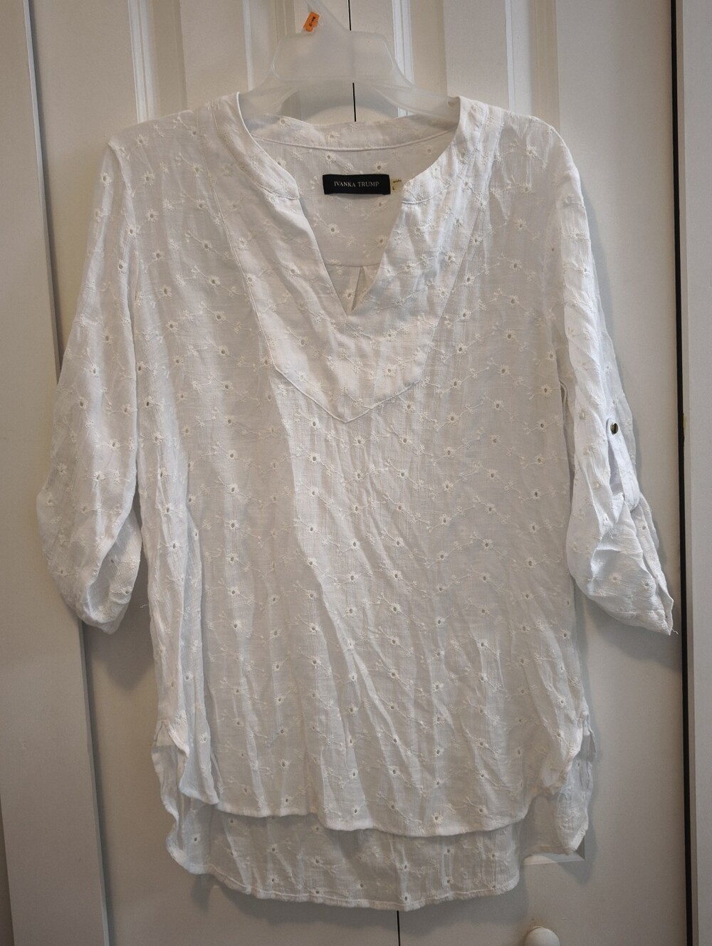Ivanka Trump White Eyelet V-Neck Tunic Top